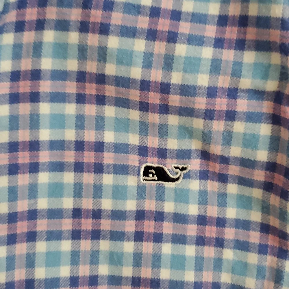 Vineyard Vines Boys Blue Pink Flannel Cotton Whale Shirt Button-up SzM (12-14)